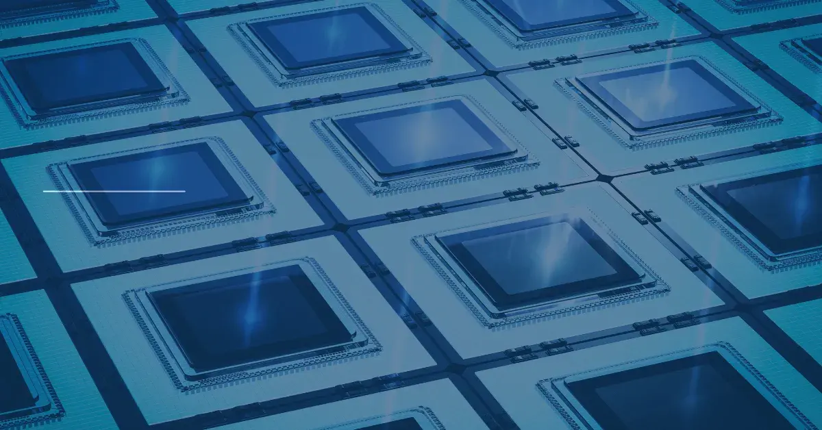 Rows of packaged silicon dies on a wafer tray
