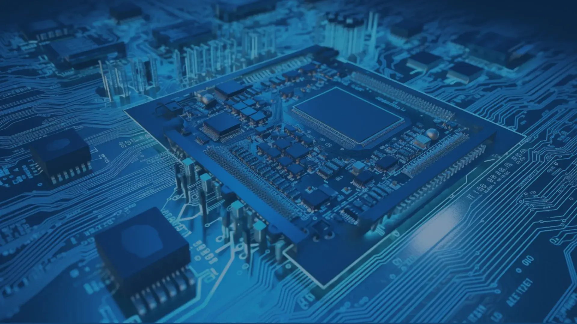 Close-up of a printed circuit board with a central processor chip